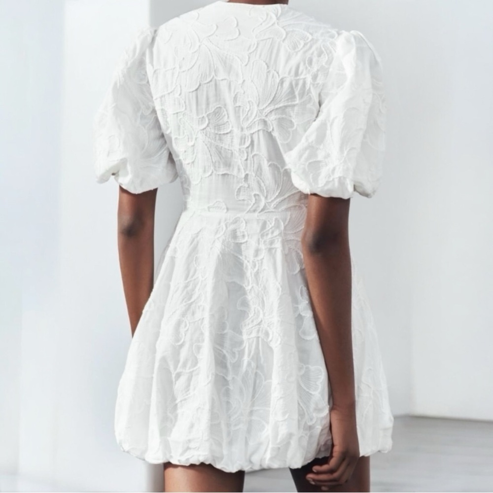 Christian Lacroix Floral Embroidery V Neck Puff Sleeve Bubble Hem Mini Dress - Picture 5 of 16